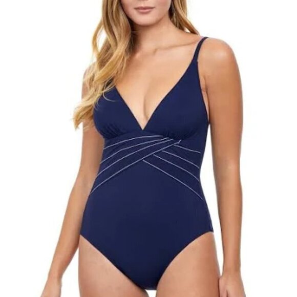 NWT Profile by Gottex Swimsuit Navy Plunging neckline accent Stitching Size 12 - Picture 1 of 5